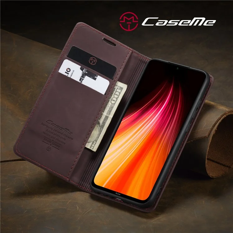 CASEME 013 Series Auto-absorbed Leather Wallet Stand Phone Covering Case for Xiaomi Redmi Note 8 - Wine Red