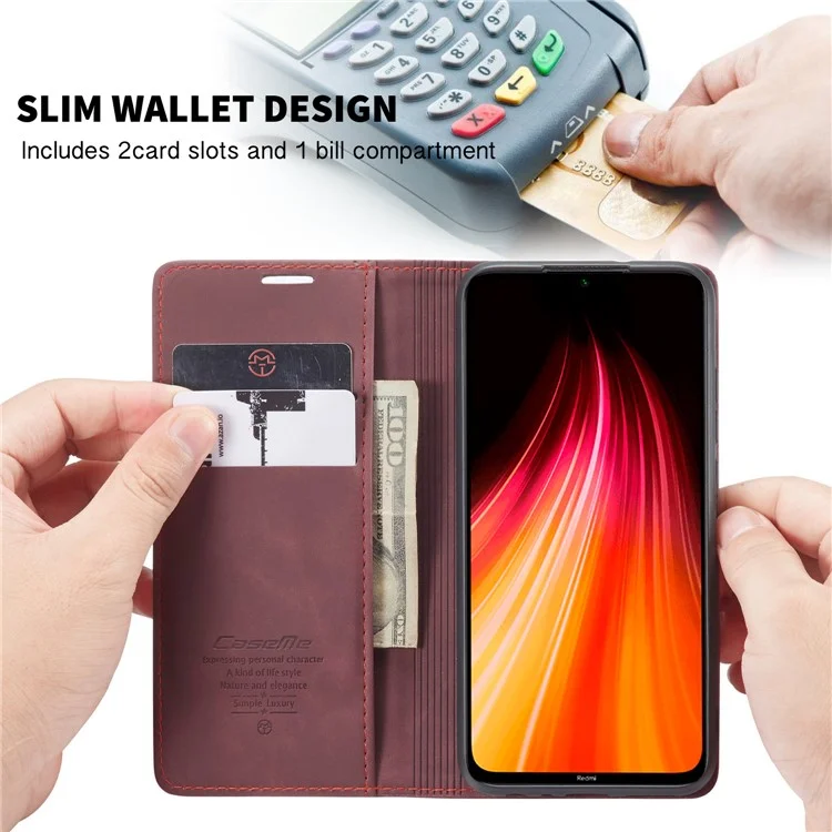 CASEME 013 Series Auto-absorbed Leather Wallet Stand Phone Covering Case for Xiaomi Redmi Note 8 - Wine Red