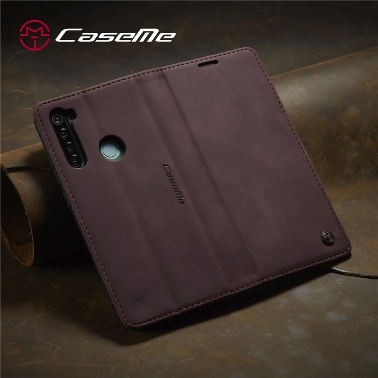 CASEME 013 Series Auto-absorbed Leather Wallet Stand Phone Covering Case for Xiaomi Redmi Note 8 - Wine Red