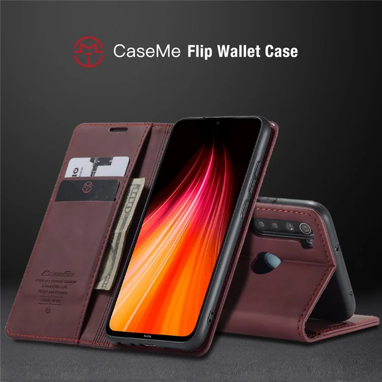 CASEME 013 Series Auto-absorbed Leather Wallet Stand Phone Covering Case for Xiaomi Redmi Note 8 - Wine Red