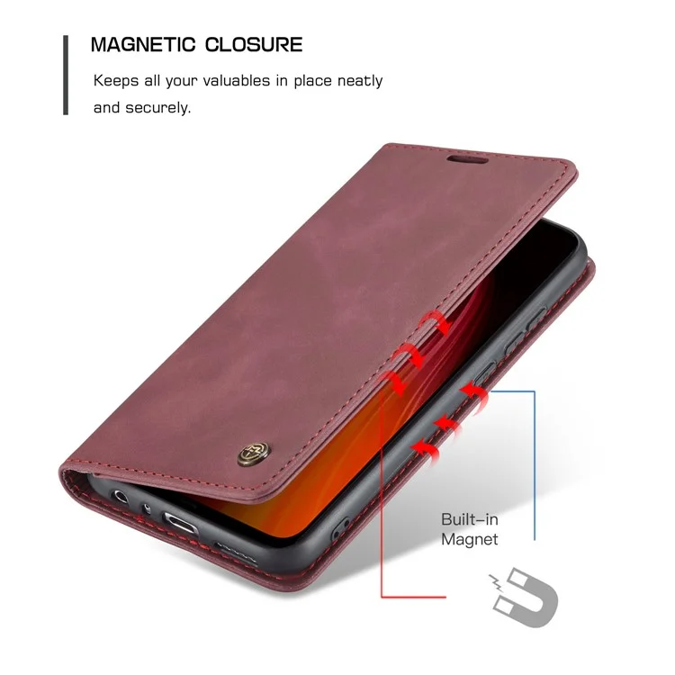 CASEME 013 Series Auto-absorbed Leather Wallet Stand Phone Covering Case for Xiaomi Redmi Note 8 - Wine Red