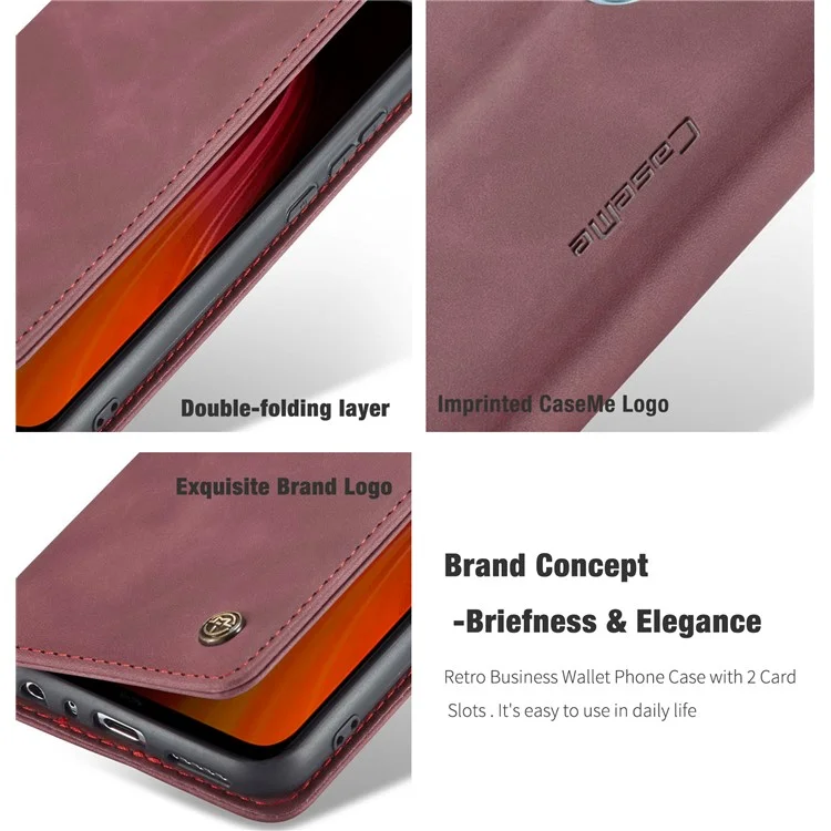 CASEME 013 Series Auto-absorbed Leather Wallet Stand Phone Covering Case for Xiaomi Redmi Note 8 - Wine Red