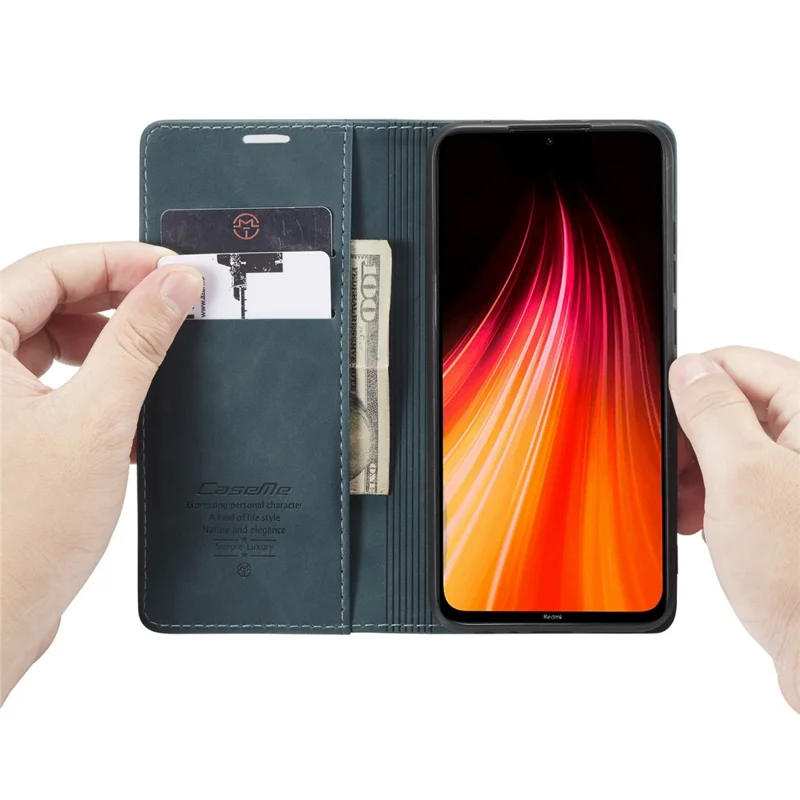 CASEME 013 Series Auto-absorbed Leather Wallet Stand Phone Covering Case for Xiaomi Redmi Note 8 - Blue