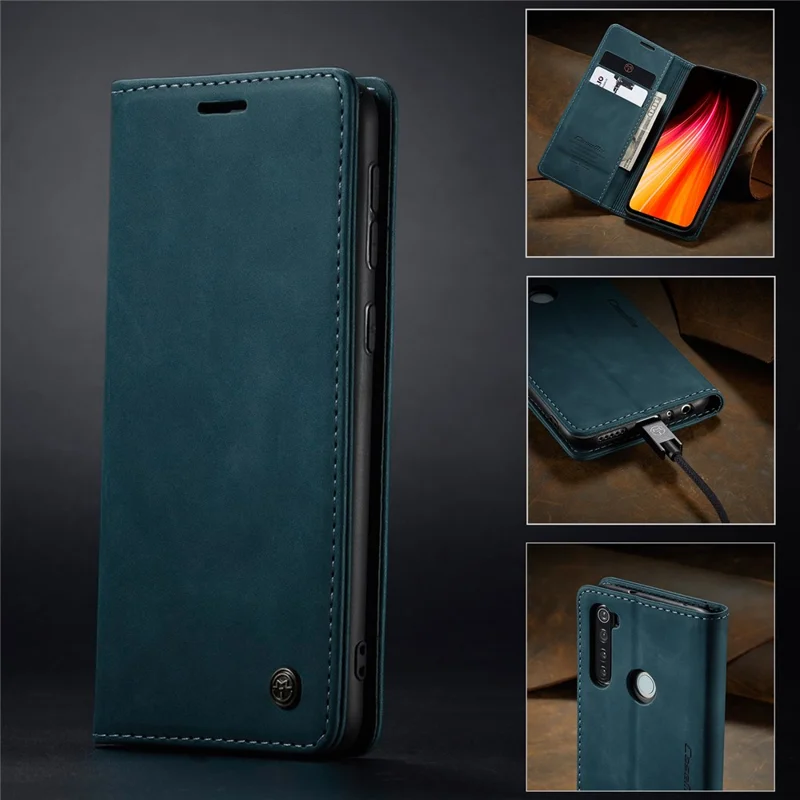 CASEME 013 Series Auto-absorbed Leather Wallet Stand Phone Covering Case for Xiaomi Redmi Note 8 - Blue