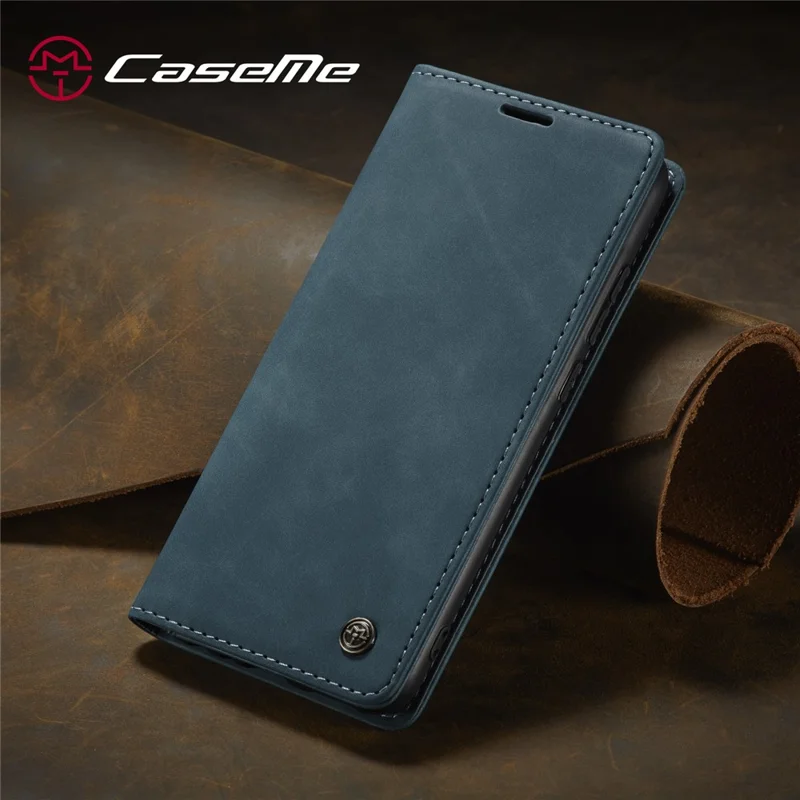CASEME 013 Series Auto-absorbed Leather Wallet Stand Phone Covering Case for Xiaomi Redmi Note 8 - Blue
