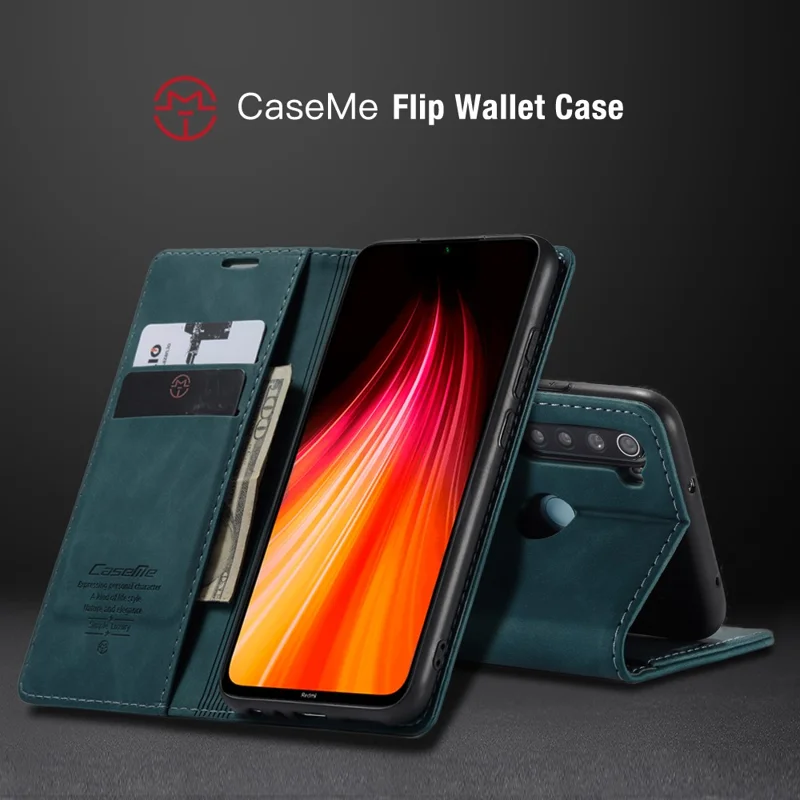CASEME 013 Series Auto-absorbed Leather Wallet Stand Phone Covering Case for Xiaomi Redmi Note 8 - Blue