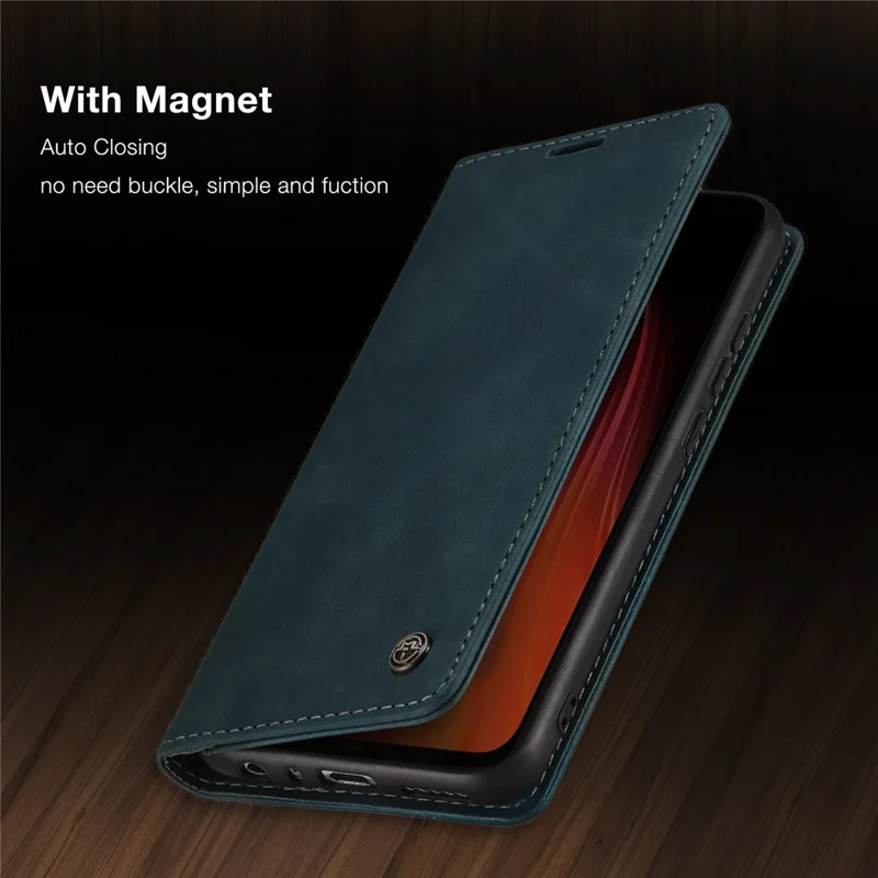 CASEME 013 Series Auto-absorbed Leather Wallet Stand Phone Covering Case for Xiaomi Redmi Note 8 - Blue