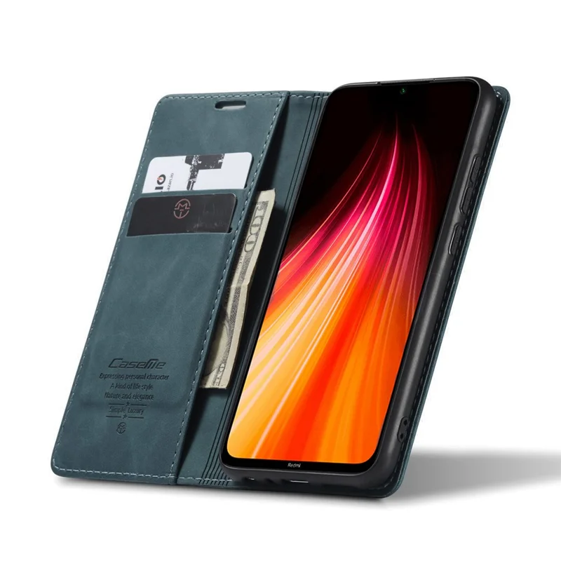 CASEME 013 Series Auto-absorbed Leather Wallet Stand Phone Covering Case for Xiaomi Redmi Note 8 - Blue