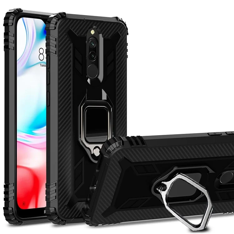 Shockproof TPU Cover with Finger Ring Kickstand Phone Case for Xiaomi Redmi 8 - Black