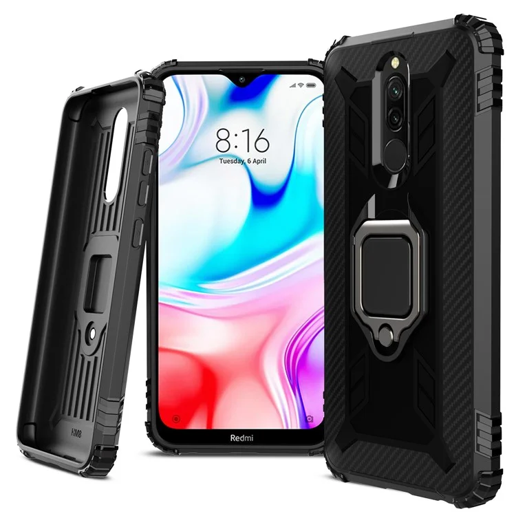 Shockproof TPU Cover with Finger Ring Kickstand Phone Case for Xiaomi Redmi 8 - Black