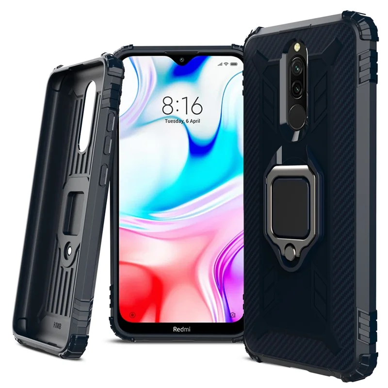 Shockproof TPU Cover with Finger Ring Kickstand Phone Case for Xiaomi Redmi 8 - Blue
