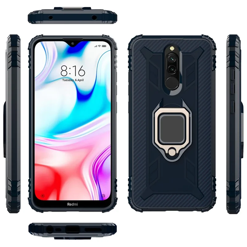 Shockproof TPU Cover with Finger Ring Kickstand Phone Case for Xiaomi Redmi 8 - Blue