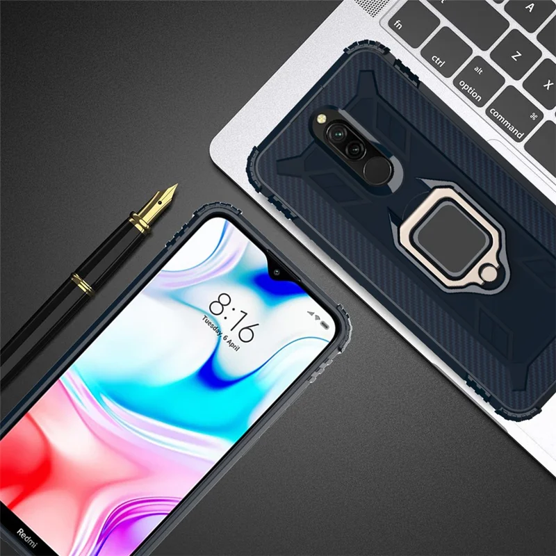 Shockproof TPU Cover with Finger Ring Kickstand Phone Case for Xiaomi Redmi 8 - Blue