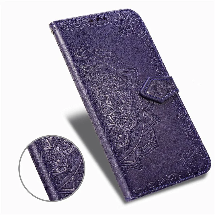 For Xiaomi Redmi Note 8 Pro Embossed Mandala Flower Wallet Leather Protection Case - Purple