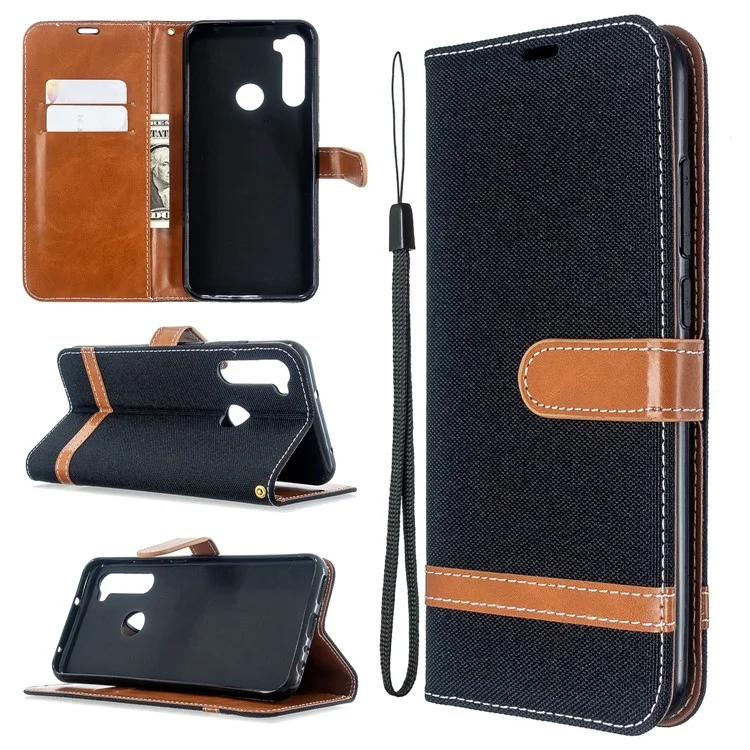 Assorted Color Jeans Cloth Leather Wallet Case for Xiaomi Redmi Note 8T - Black