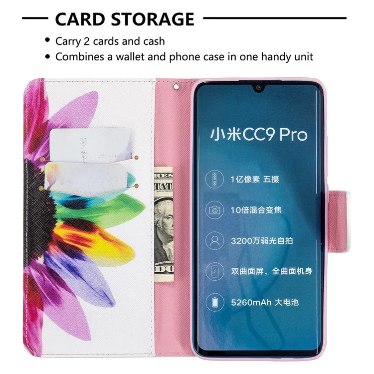 Estuche de Billetera de Cuero de Impresión de Patrones Para Xiaomi Mi CC9 Pro / Mi Nota 10 / Mi Nota 10 Pro - Pétalos Coloridos