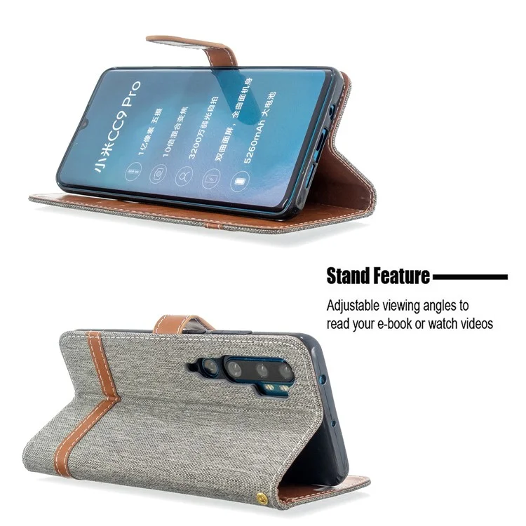 Case de Billetera de Cuero de Tela de Jeans de Color Variado Para Xiaomi Mi CC9 Pro / Mi Nota 10 / Mi Nota 10 Pro - Gris
