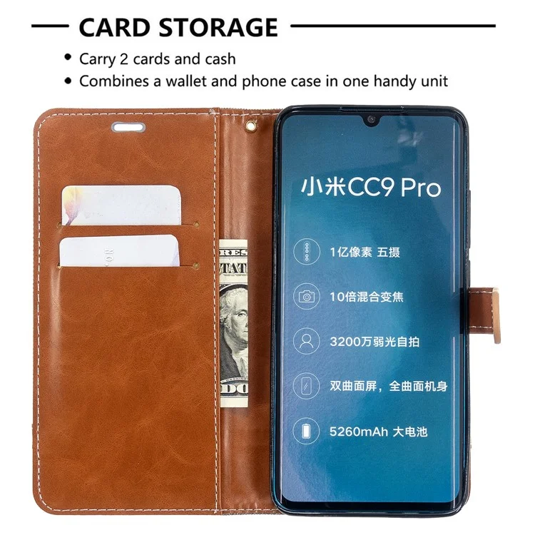 Case de Billetera de Cuero de Tela de Jeans de Color Variado Para Xiaomi Mi CC9 Pro / Mi Nota 10 / Mi Nota 10 Pro - Gris
