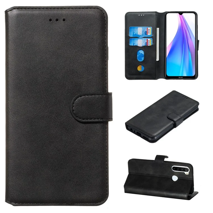 Solid Color Flip Leather Wallet Phone Casing for Xiaomi Redmi Note 8T - Black