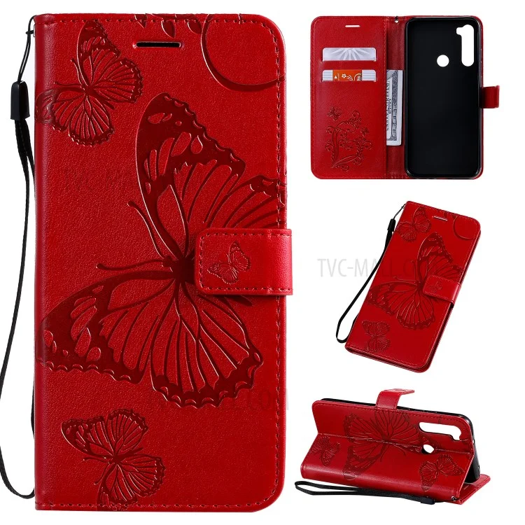 KT Imprinting Flower Series-2 Impronta Farfalla Portafoglio in Pelle Custodia Per Xiaomi Redmi Note 8T - Rosso