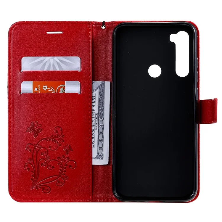 KT Impression de Fleurs Imprime-2 Impreinte Butterfly le Cuir Portefeuille Portefeuille Pour Xiaomi Redmi Note 8T - Rouge