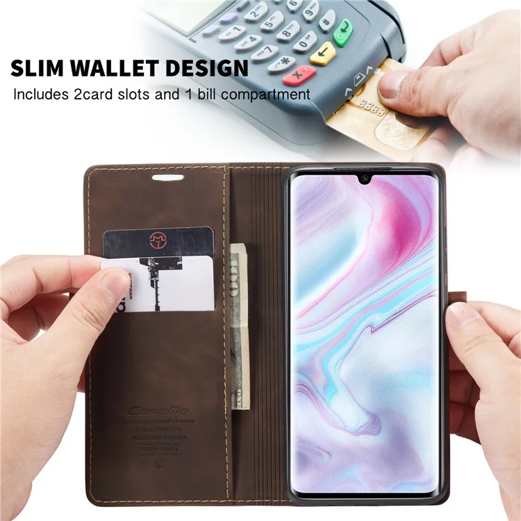 CASEME 013 Series Auto-absorbed Leather Wallet Case for Xiaomi Mi CC9 Pro/Mi Note 10 Pro/Mi Note 10 - Dark Brown