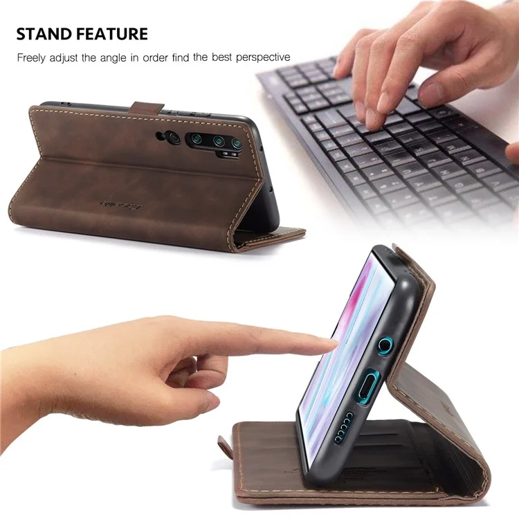 CASEME 013 Series Auto-absorbed Leather Wallet Case for Xiaomi Mi CC9 Pro/Mi Note 10 Pro/Mi Note 10 - Dark Brown