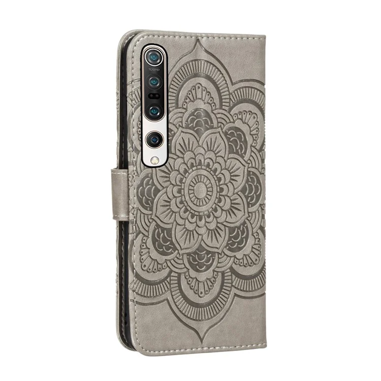 Imprint Mandala Flower Leather Wallet Stand Case for Xiaomi Mi 10 / Mi 10 Pro - Grey