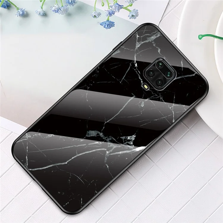 Marble Texture Tempered Glass + PC + TPU Hybrid Shell Case for Xiaomi Redmi Note 9S - Black