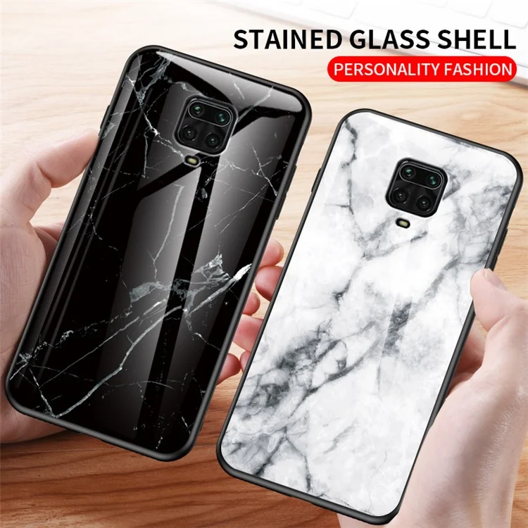 Marble Texture Tempered Glass + PC + TPU Hybrid Shell Case for Xiaomi Redmi Note 9S - Black