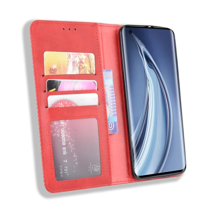 Auto-absorbed Retro Leather Wallet Case Shell for Xiaomi Mi 10 5G/Mi 10 Pro 5G - Red