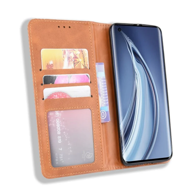Auto-absorbed Retro Leather Wallet Case Shell for Xiaomi Mi 10 5G/Mi 10 Pro 5G - Brown