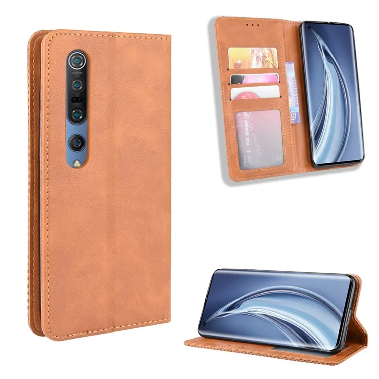 Auto-absorbed Retro Leather Wallet Case Shell for Xiaomi Mi 10 5G/Mi 10 Pro 5G - Brown