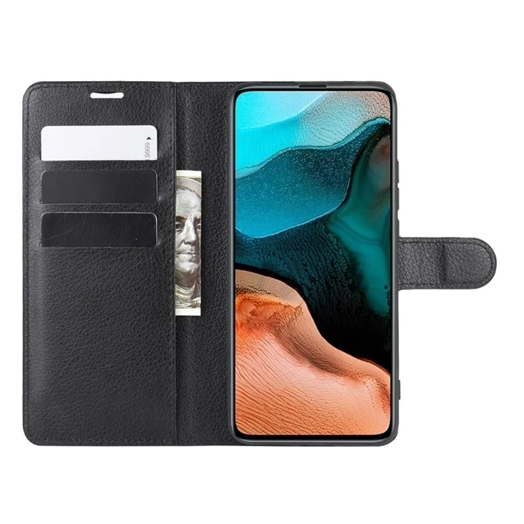 Litchi Skin Leather Wallet Stand Case for Xiaomi Redmi K30 Pro/Poco F2 Pro - Black