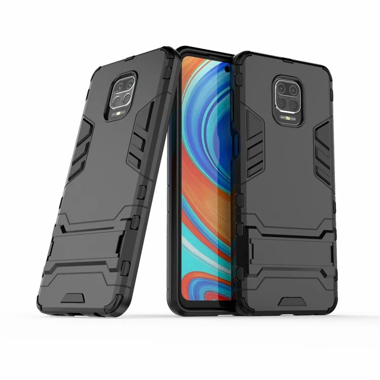 Plastic + TPU Hybrid Case Téléphone Shell Avec Kickstand Pour Xiaomi Redmi Note 9 Pro Max / Note 9S - le Noir