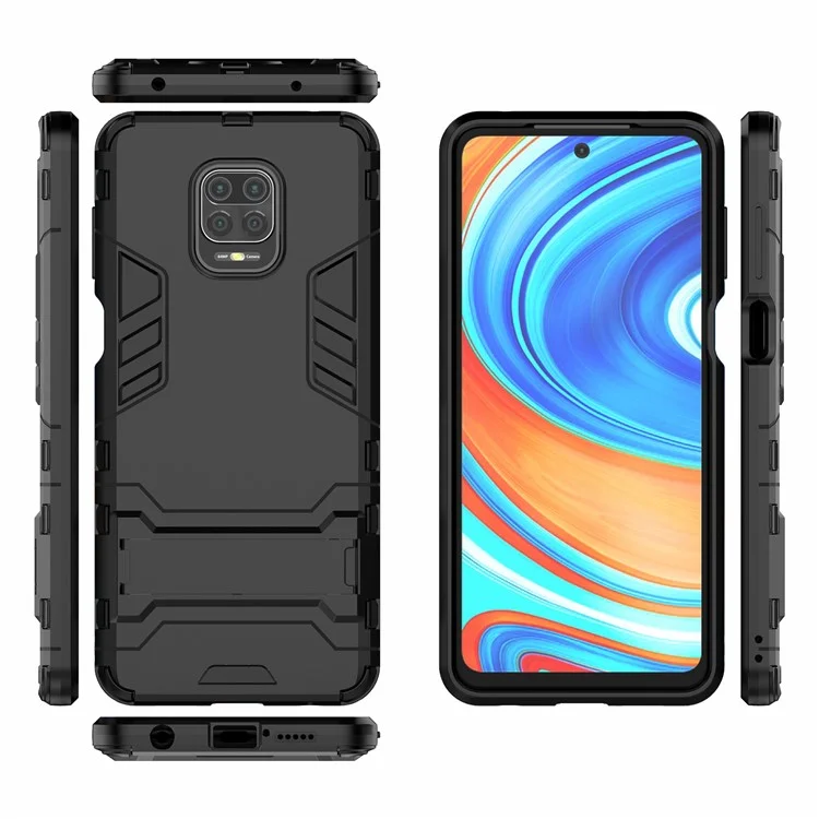 Plastic + TPU Hybrid Case Phone Shell with Kickstand for Xiaomi Redmi Note 9 Pro Max/Note 9S - Black