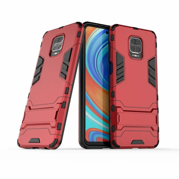 Plástico + TPU Hybrid Case Shell Con Kickstand Para Xiaomi Redmi Note 9 Pro Max/Note 9s - Rojo