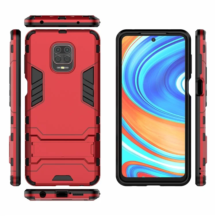 Plástico + TPU Hybrid Case Shell Con Kickstand Para Xiaomi Redmi Note 9 Pro Max/Note 9s - Rojo