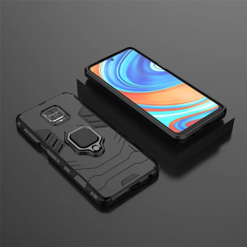 Cool Guard Ring Holder Kickstand PC TPU Hybrid Case Protective Shell Para Xiaomi Poco M2 Pro/Redmi Note 9 Pro Max / Redmi Nota 9s / Redmi Note 9 Pro - Negro