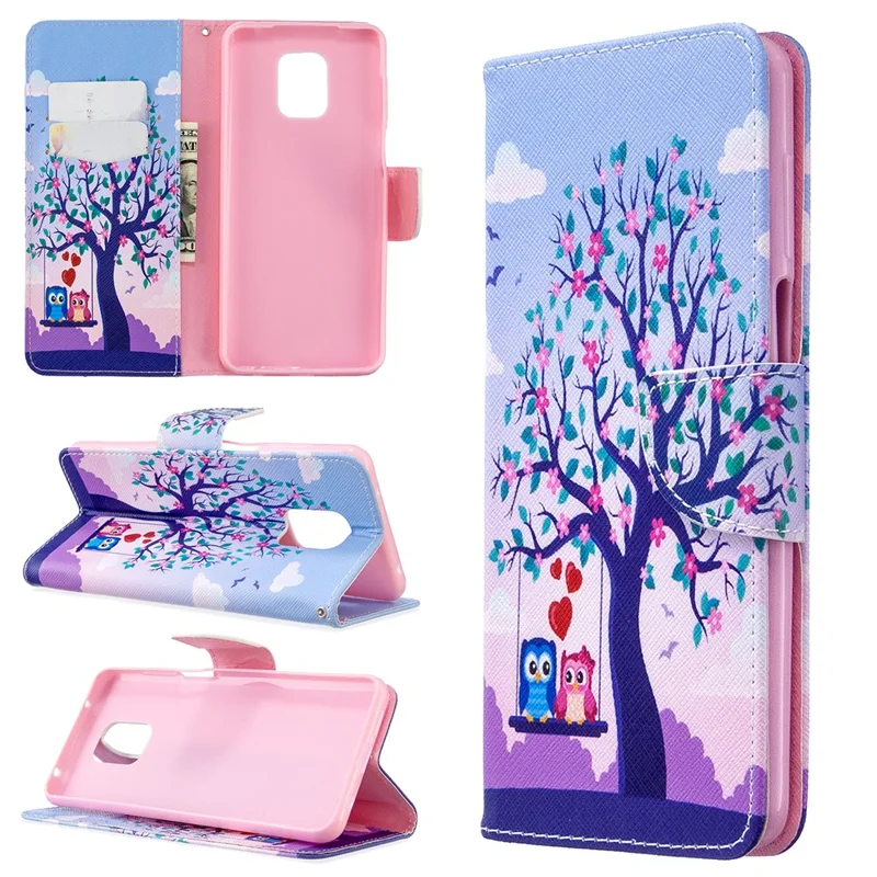Pattern Printing Wallet Stand Flip Leather Phone Case for Xiaomi Redmi Note 9S/Note 9 Pro/Note 9 Pro Max  - Couple Owls and Tree