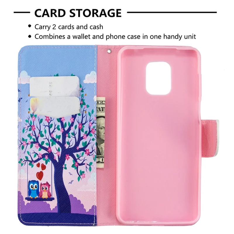 Pattern Printing Wallet Stand Flip Leather Phone Case for Xiaomi Redmi Note 9S/Note 9 Pro/Note 9 Pro Max  - Couple Owls and Tree