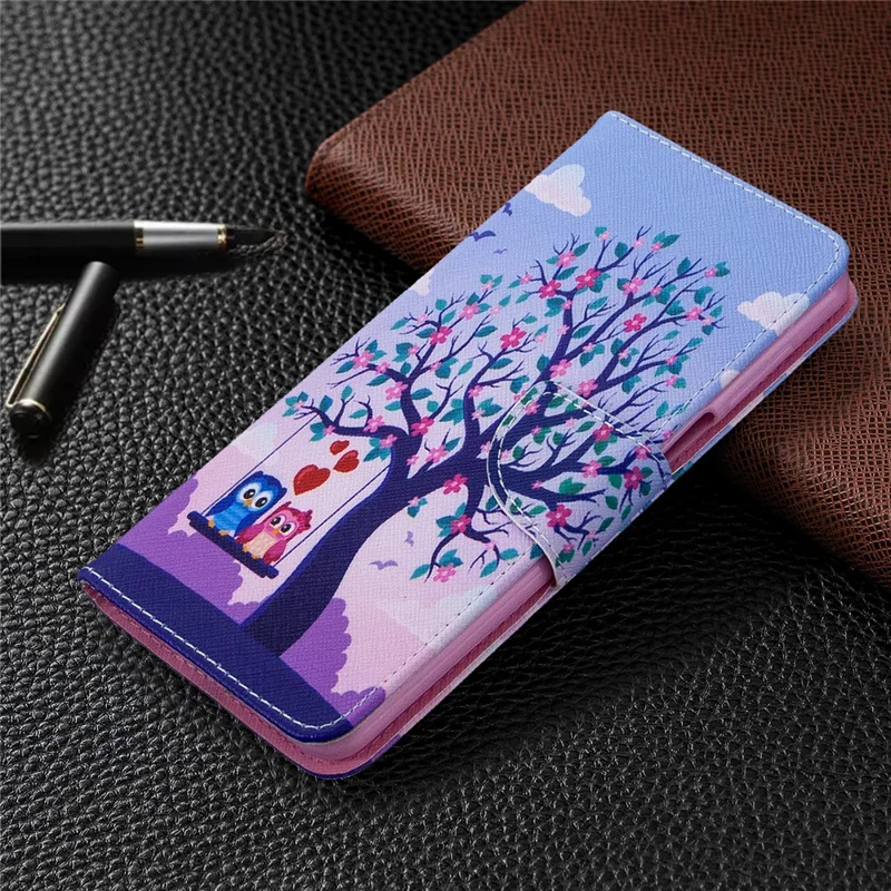 Pattern Printing Wallet Stand Flip Leather Phone Case for Xiaomi Redmi Note 9S/Note 9 Pro/Note 9 Pro Max  - Couple Owls and Tree