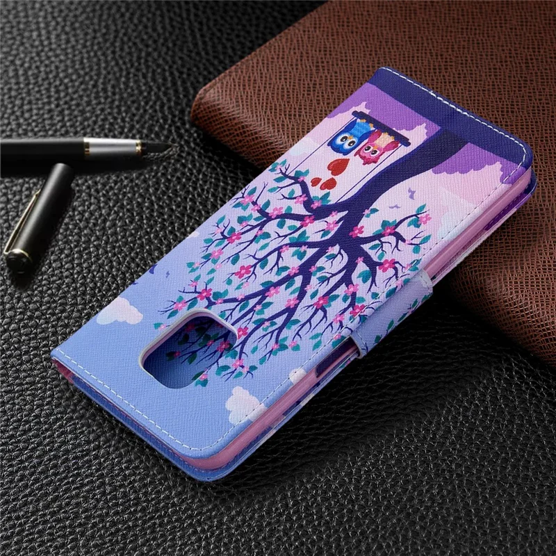 Pattern Printing Wallet Stand Flip Leather Phone Case for Xiaomi Redmi Note 9S/Note 9 Pro/Note 9 Pro Max  - Couple Owls and Tree