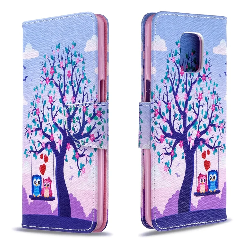 Pattern Printing Wallet Stand Flip Leather Phone Case for Xiaomi Redmi Note 9S/Note 9 Pro/Note 9 Pro Max  - Couple Owls and Tree