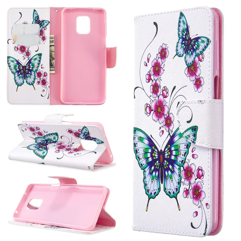 Pattern Printing Wallet Stand Flip Leather Phone Case for Xiaomi Redmi Note 9S/Note 9 Pro/Note 9 Pro Max  - Flowers and Butterflies