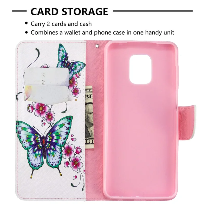 Pattern Printing Wallet Stand Flip Leather Phone Case for Xiaomi Redmi Note 9S/Note 9 Pro/Note 9 Pro Max  - Flowers and Butterflies