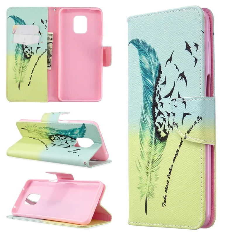 Pattern Printing Leather Wallet Protective Case for Xiaomi Redmi Note 9 Pro Max/Note 9 Pro/Note 9S - Feather