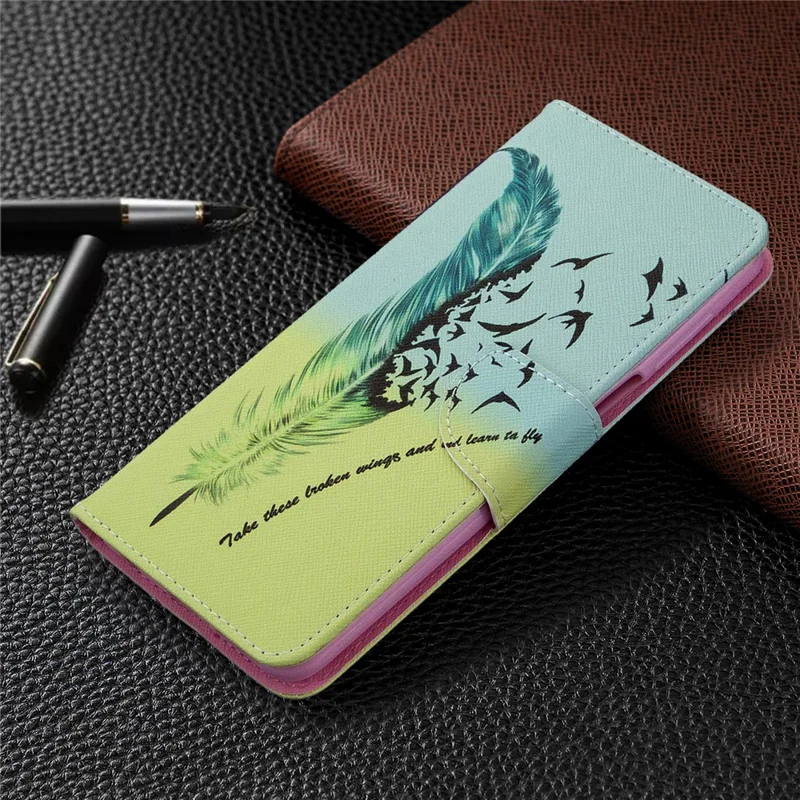 Pattern Printing Leather Wallet Protective Case for Xiaomi Redmi Note 9 Pro Max/Note 9 Pro/Note 9S - Feather