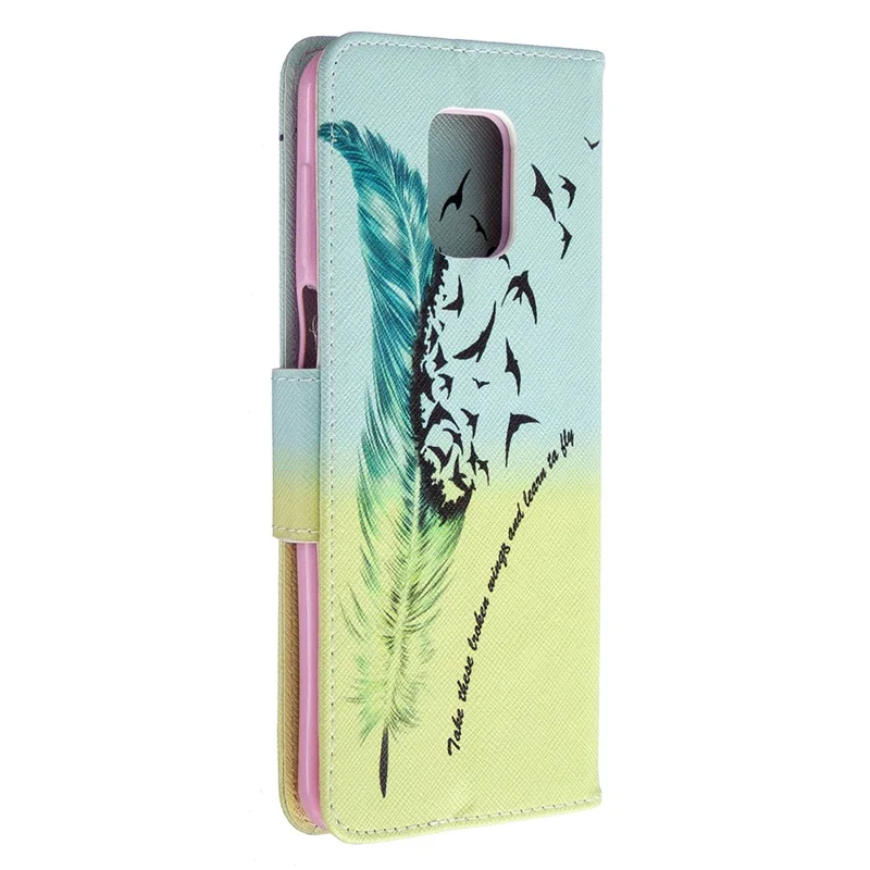 Pattern Printing Leather Wallet Protective Case for Xiaomi Redmi Note 9 Pro Max/Note 9 Pro/Note 9S - Feather