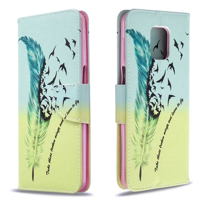 Pattern Printing Leather Wallet Protective Case for Xiaomi Redmi Note 9 Pro Max/Note 9 Pro/Note 9S - Feather